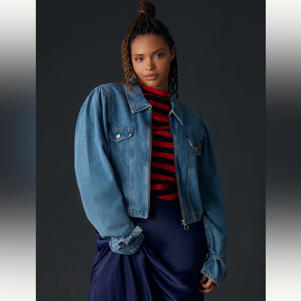 Anthropologie Maeve Puff-Sleeve Denim Bomber Jacket NWT